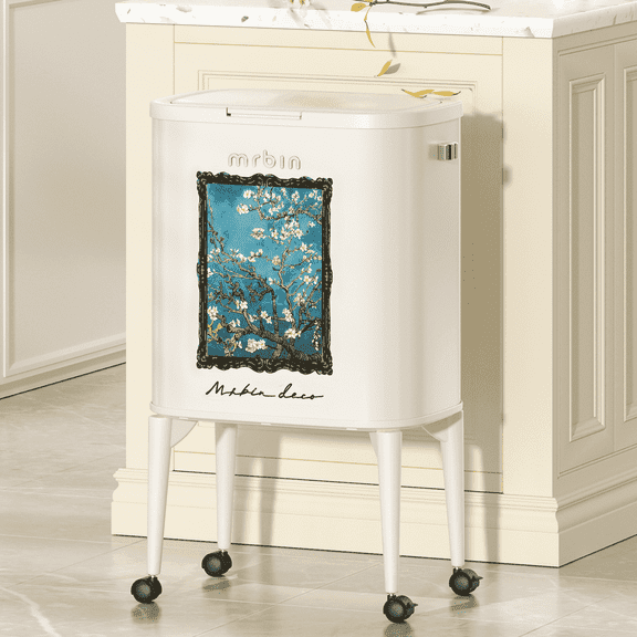 Mrbin Metal Kitchen Trash Can with Legs, 36L / 9.5gal Medium Press Lid Slim Removable Waste Basket, Pet Proof Tall Narrow Garbage Pail for Vanity, Bedroom, Bathroom, Living Room, Almond Blossom Patte