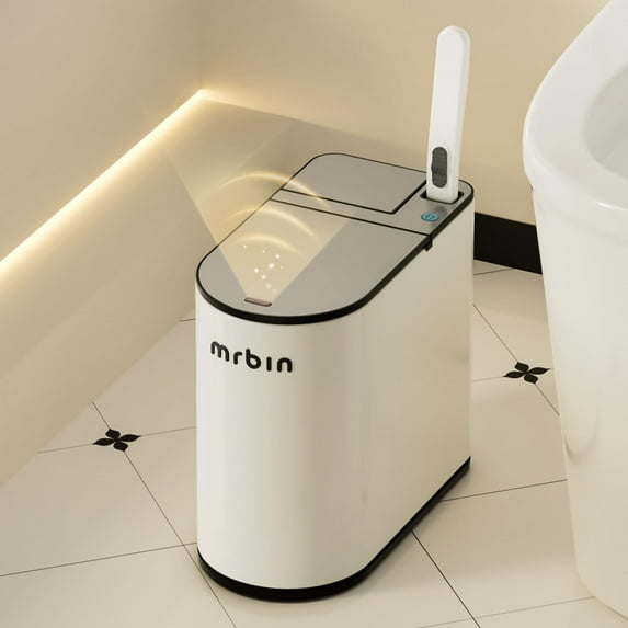 MRBIN Motion Sensor Bathroom Trash Can and Disposable Toilet Brush Holder Set, 1.8 Gallon Slim Touchless Small Garbage Pail, Toilet Smart Waste Basket with Lid and Odor Filter, Cream White