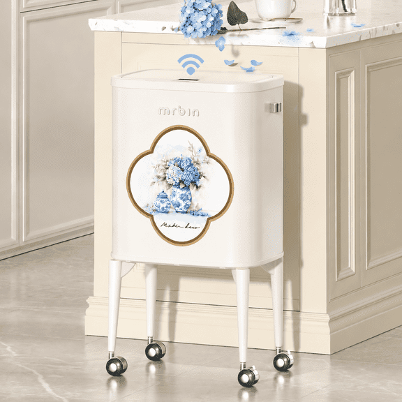 MRBIN Metal Motion Sensor Kitchen Trash Can with Wheel Legs, 36L / 9.5gal Medium Press Lid Slim Waste Basket, Narrow Garbage Pail for Vanity, Living Room, Bathroom, Bedroom, Blue and White Porcelain