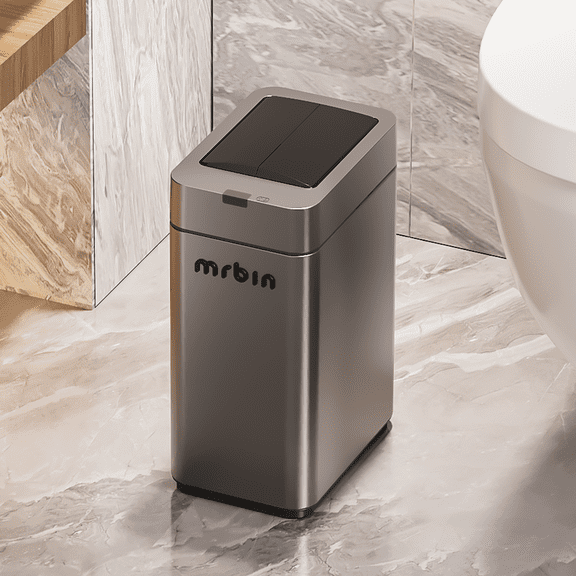 MRBIN Slim 2.4 Gal Bathroom Trash Can with Lid Small Stainless Steel Touchless Motion-Sensor Waste Basket for Office, Bedroom, Kitchen, RV, Quiet Close, Dog-Proof, Space-Saving Narrow Garbage Can