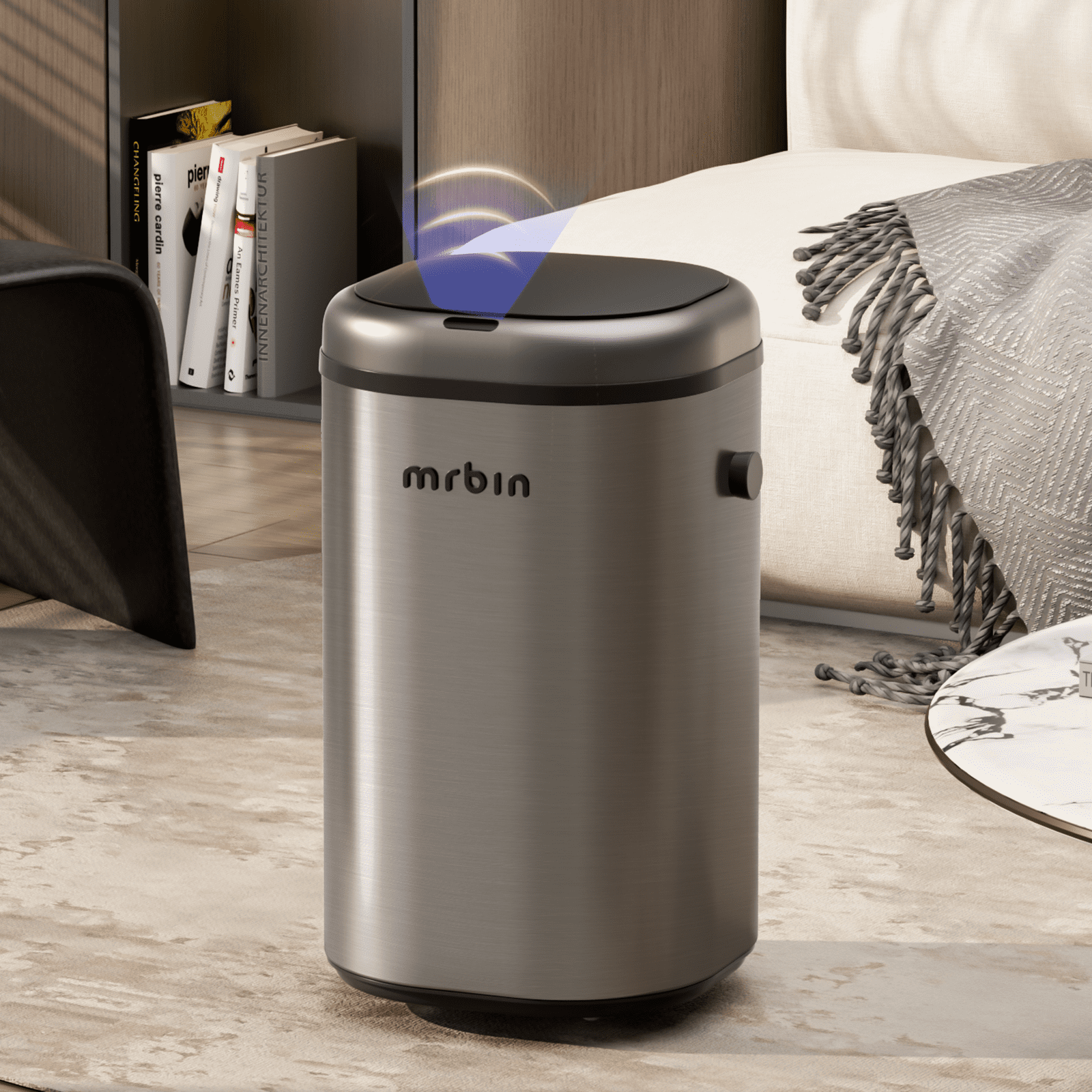 MRBIN Stainless Steel Adsorption Motion Sensor Trash Can Removable, 18L / 4.8gal Automatic Absorbing Bag Lidded Garbage Bin with Wheels, Waste Basket for Kitchen, Bathroom, Eclipse Grey