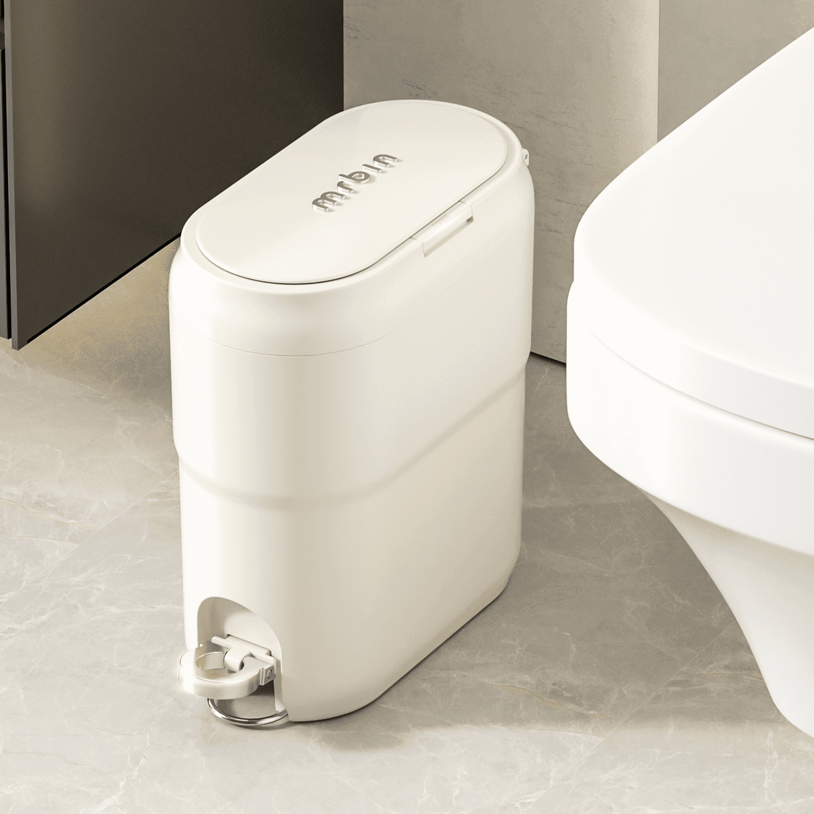 MRBIN Step Trash Can with Press Top Lid Slim, Compact Touchless Garbage Bin for Bathroom, 9L / 2.4 Gal Small Pedal Waste Basket for Narrow Apartment Dorm Office, Kitchen, Bedroom, Cream White