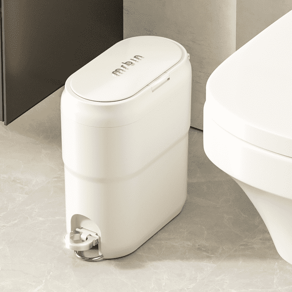 MRBIN Step Trash Can with Press Top Lid Slim, Compact Touchless Garbage Bin for Bathroom, 9L / 2.4 Gal Small Pedal Waste Basket for Narrow Apartment Dorm Office, Kitchen, Bedroom, Cream White