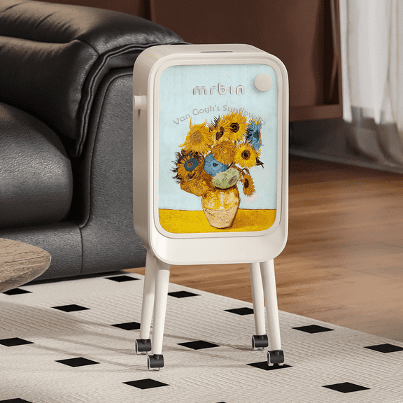 MRBIN Stainless Steel Motion Sensor Trash Can Bathroom with Butterfly Lid and Leg, Wheeled 5.5 Gal Tall Automatic Smart Waste Basket, Touchless Electric Dustbin for Bedroom, Toilet, Sunflower Pattern