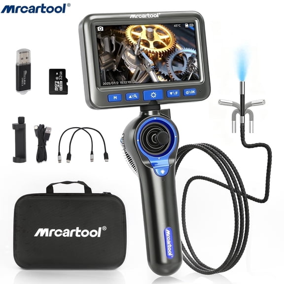 MRCARTOOL 360° 4-Way Articulating Borescope with 5" Screen 6.2mm Camera, 2600mAh Battery, IP67 Waterproof, LED Light