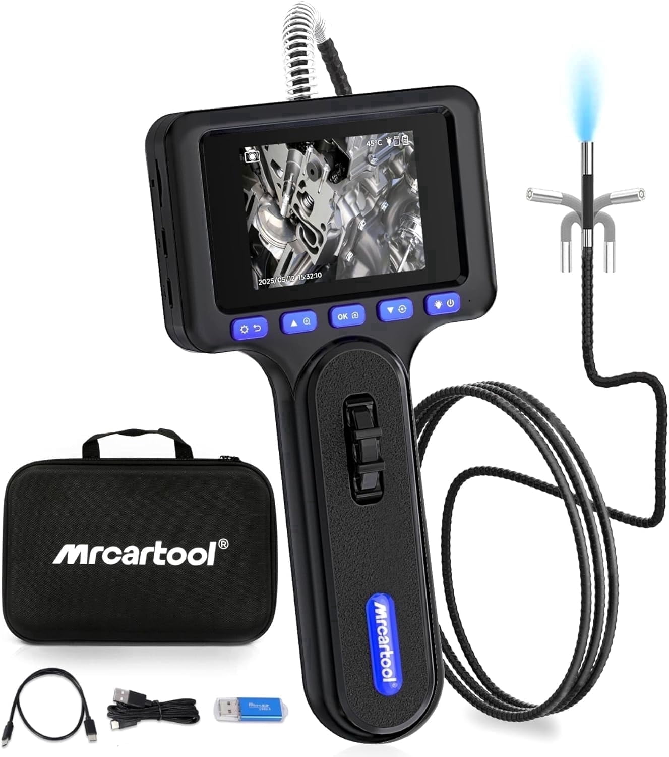 MRCARTOOL N100 Two-Way Articulating Borescope with Light, 2600mAh Battery, 0.24in Probe, IP67 Waterproof Inspection Camera for Automotive Engine