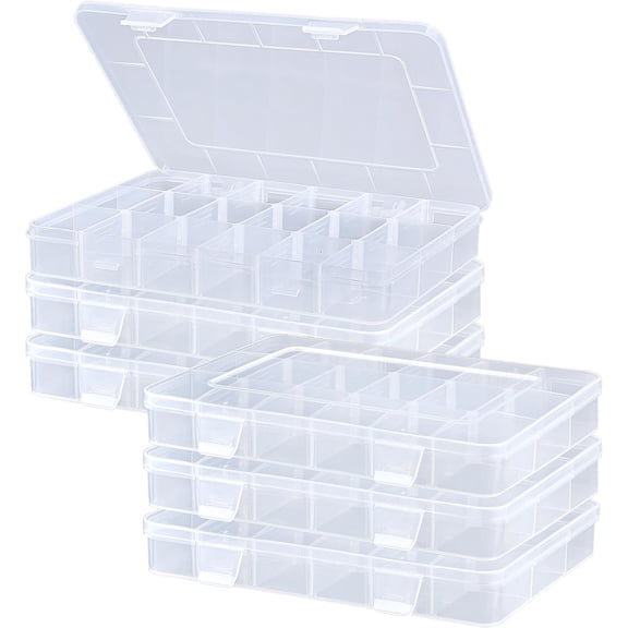 MREEYFILL 6-Pack 18-Grid Clear Plastic Organizer Box 8x6x1 | Small storage case, adjustable dividers for beads, , mini craft, art, fishing hooks, screws, hardware