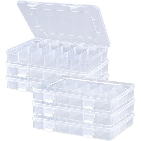 MREEYFILL 6 Pack Small Clear Plastic Organizer Box with Adjustable Dividers, 18 Grid Storage 8x6x1 in for Beads Jewelry Nail Art Fishing Hooks Screws Hardware