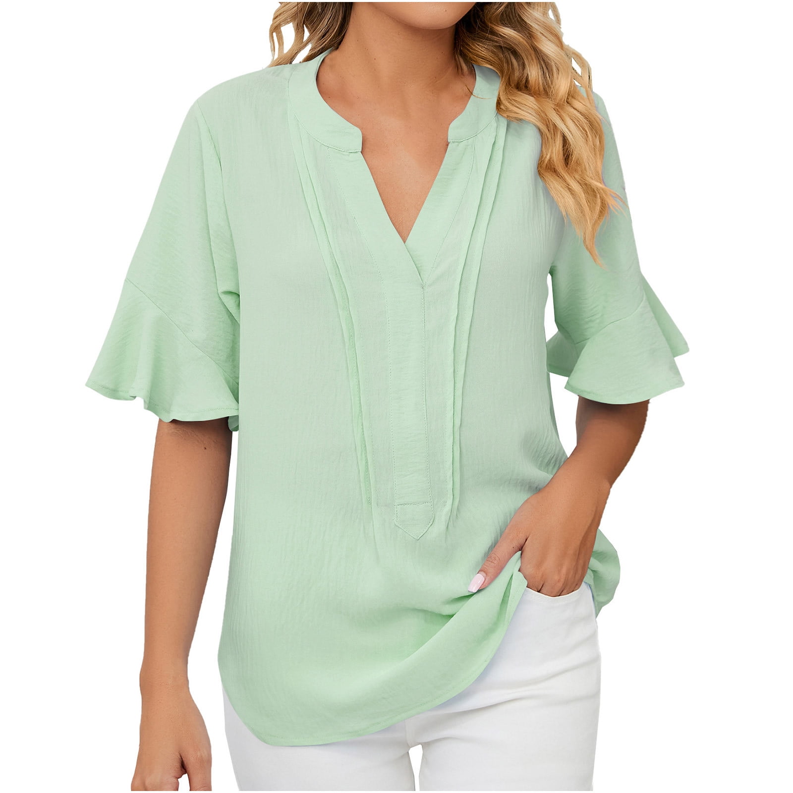  Womens Summer Tops Solid Flounce Sleeve Blouse (Color