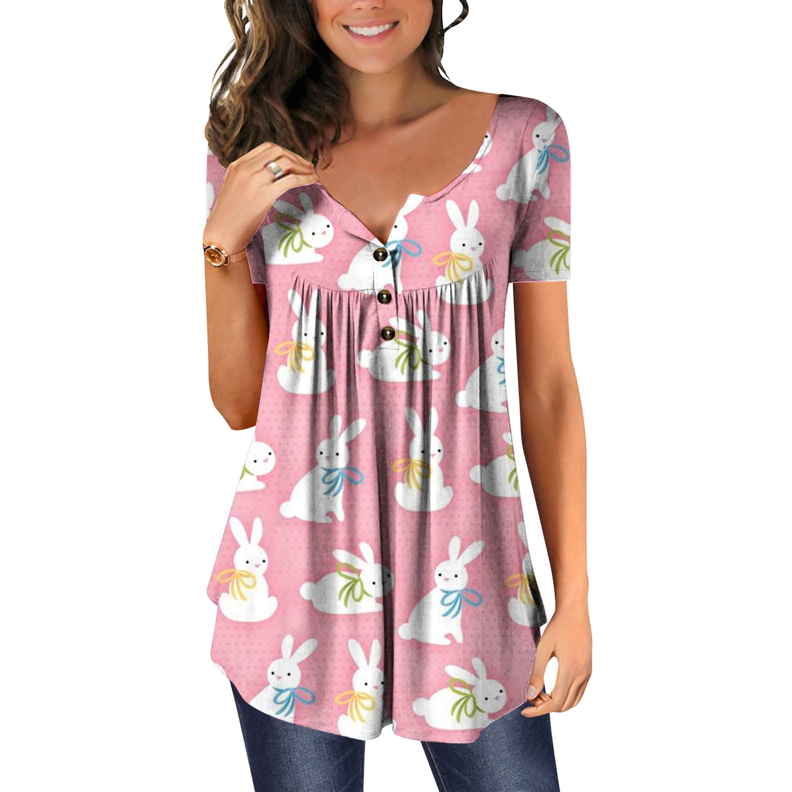 MRGIINRI Ladies Summer Dressy Tops Pleated Henley Neck Short Sleeve