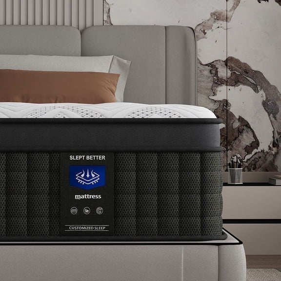 MRH 12 Inch Euro Top Hybrid Mattress in a Box, Medium Firm, Memory Foam, Individually Pocket Springs, Strong Edge Support, White with Black Rim