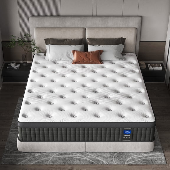 MRH Queen 10 inch Euro Top Hybrid Mattress in a Box – Memory Foam & Individually Pocketed Springs, Medium, White with Black Rim