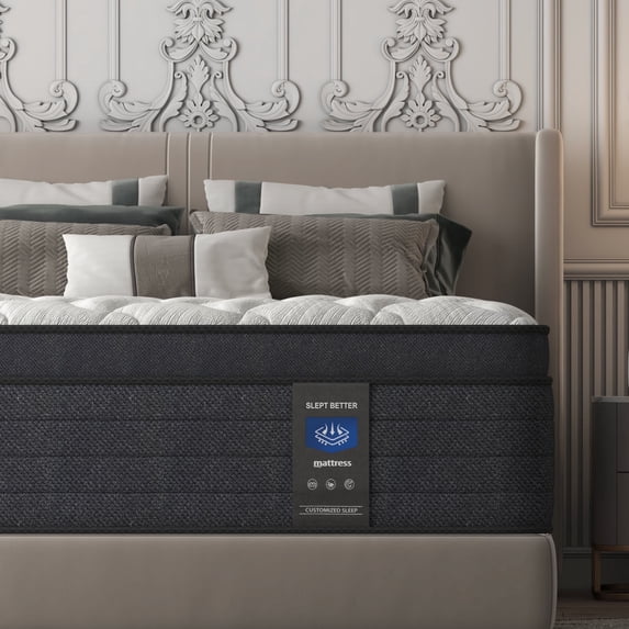 MRH Queen 12 inch Euro Top Hybrid Sleep Mattress in a Box with Individually Pocket Springs, Medium Firm, White with Black Rim