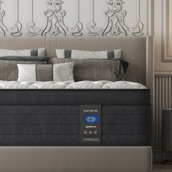 MRH Queen 12 inch Euro Top Hybrid Sleep Mattress in a Box with Individually Pocket Springs, Medium Firm, White with Black Rim
