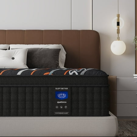 MRH Queen 14 inch Euro Top Hybrid Mattress – Memory Foam Individually Pocketed Springs Medium Firm Strong Edge Support Black