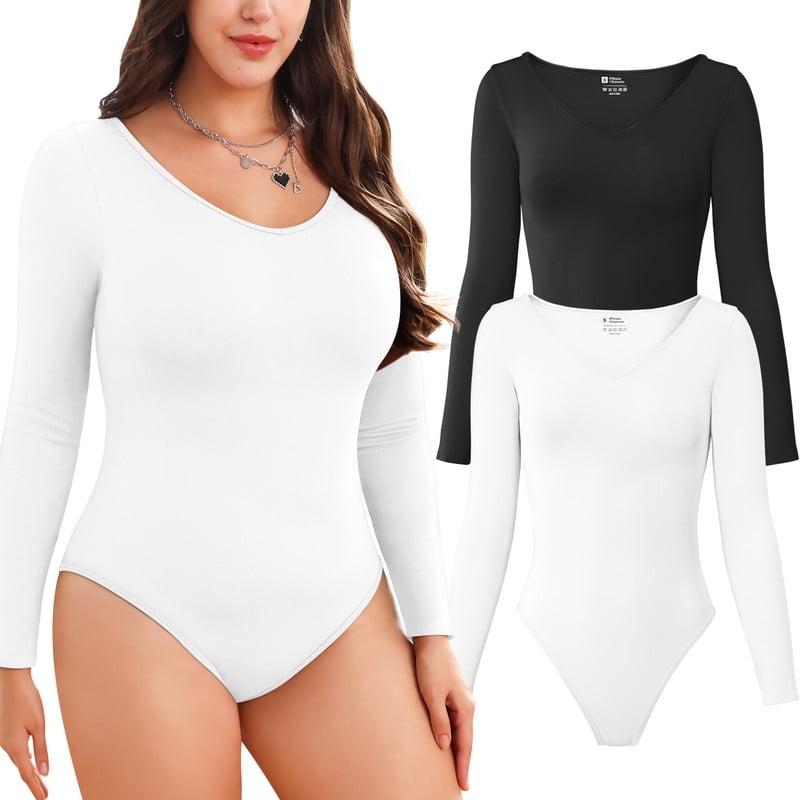 Seamless V Neck Bodysuit for Women – Short Sleeve T Shirt Style Stretch Body