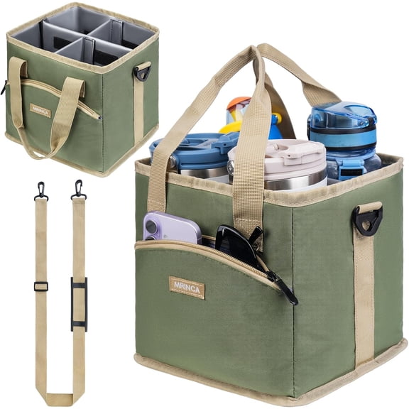MRINCA 4-Cup Reusable Insulated Drink Carrier, Purple, Collapsible No-Spill Cup Holder with Handle, Shoulder Strap & Adjustable Dividers for Car Travel Delivery
