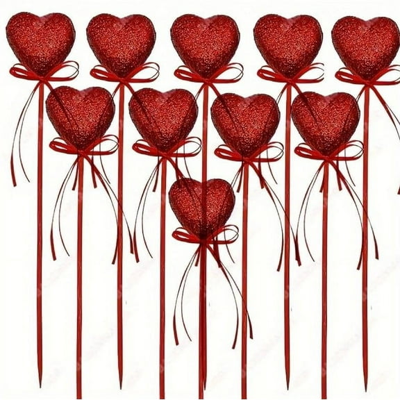 MRLESS 10PCS Valentine’s Day Glitter Heart Picks Foam Sticks for Wedding Flower Arrangements Floral Bouquet Party Crafts Decorations
