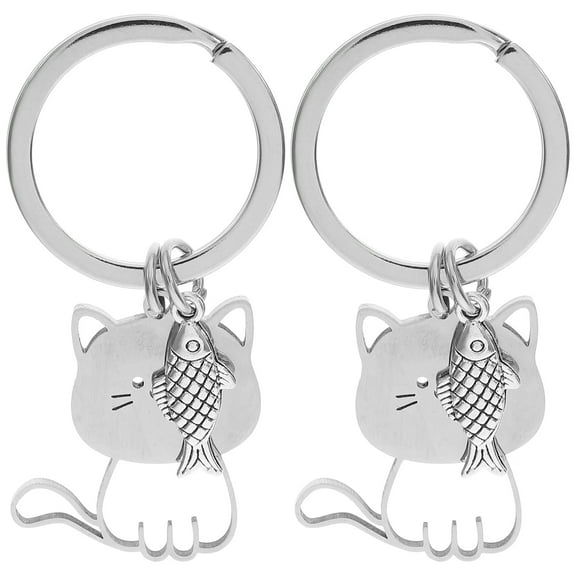 MRLESS 2pcs Stainless Steel Cat And Fish Keyring Cat Pendant Small Keychain Mini Keychain Backpack Keychain Animal Keychain