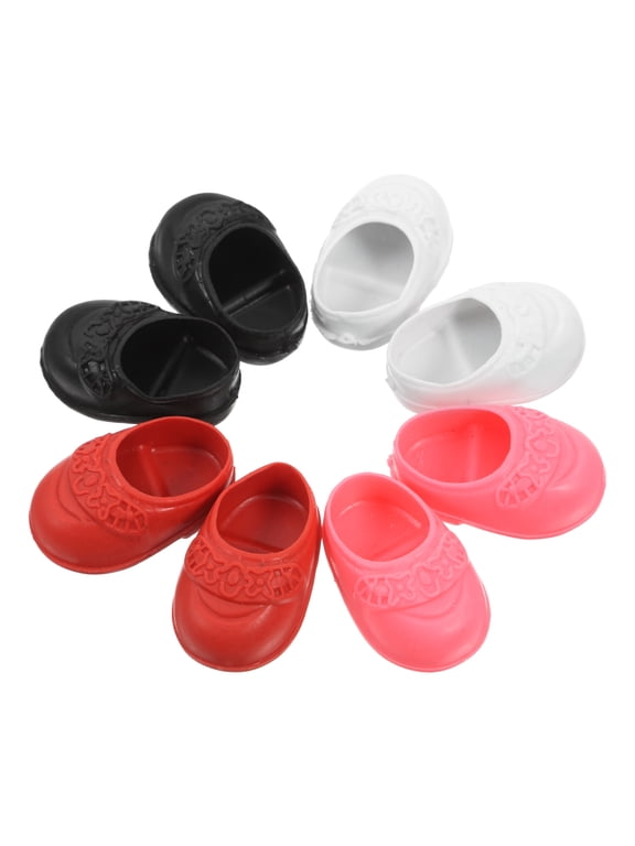 4 Pairs Mini Cute Flat Shoes for 17cm Dolls, Adorable Doll Shoe Collection in Rosy, Black, White, and Red Plastic