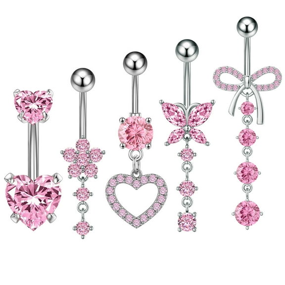 MRLESS 5pcs Stainless Steel Belly Button Rings Heart Belly Button Ring Belly Button Navel Piercing Jewelry for Women Beach Pool