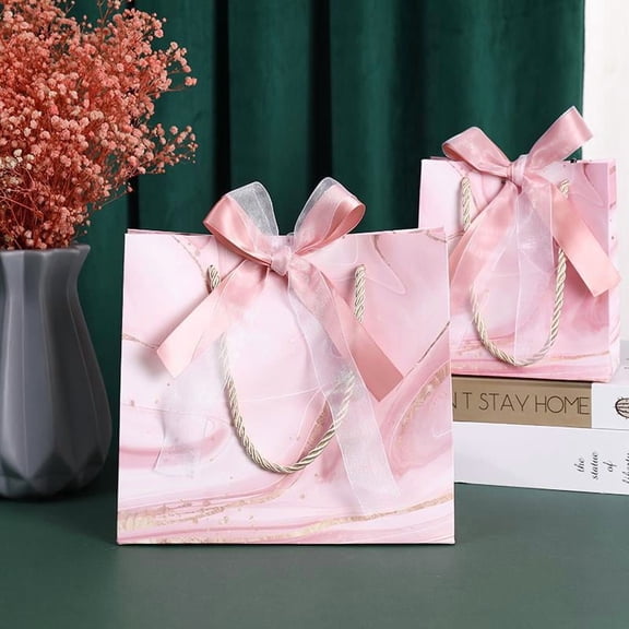 MRLESS 6pcs Marble Pattern Paper Bags with Bow Ribbon Thank You Favor Bags for Wedding Bridal Shower Party Holiday Celebrations