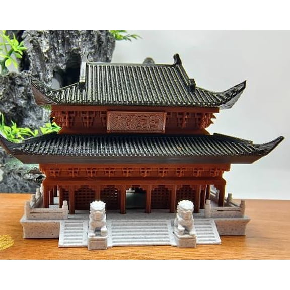 MRLESS Asian Miniature Building Model for Desk Decor, Ancient Chinese Architecture Fish and Bonsai Ornament for Home and Office