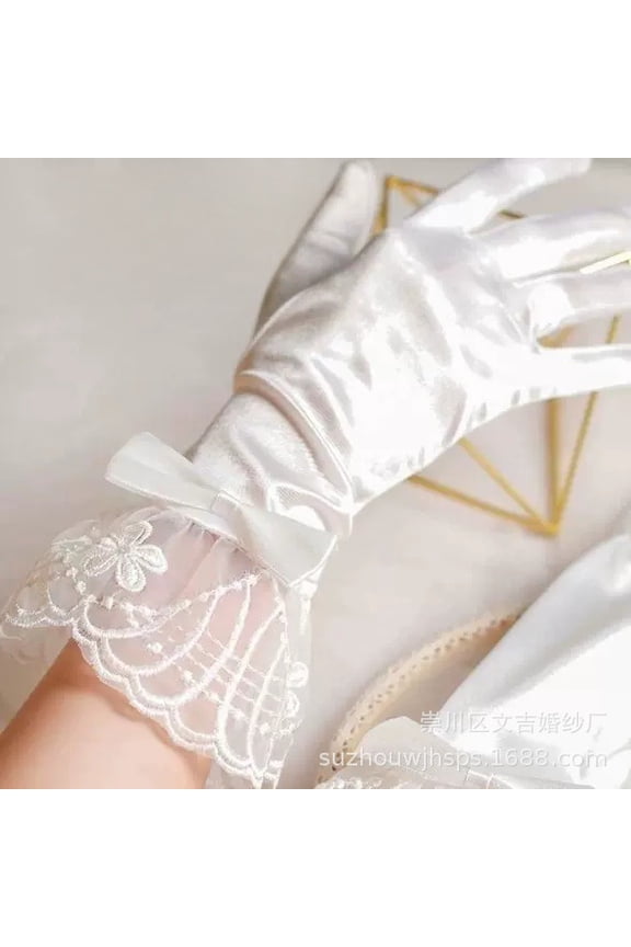 Elegant Satin Wedding Gloves with Bow Detail, Bridal Gloves for Women, Formal Events, Tea Parties, White Accessories