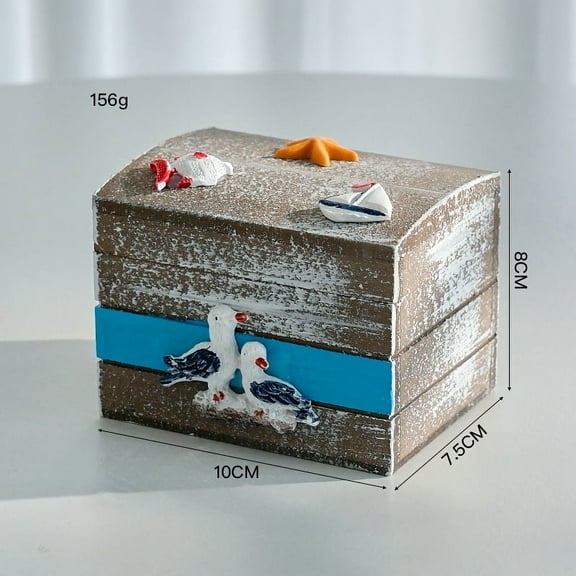 MRLESS Small Ocean Themed Wooden Treasure Chest Antique Nautical Jewelry Storage Box Decorative Wooden Box