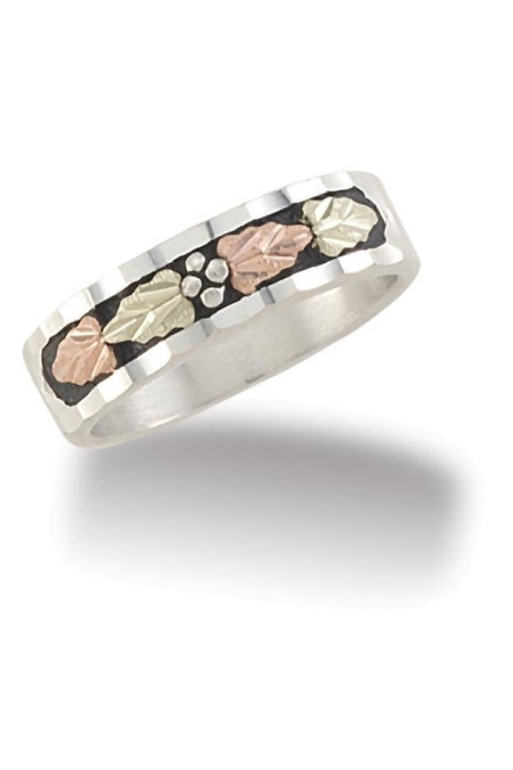 MRLLR3037 080 0.21 in. x 0.82 in. SS & Black - Hills Gold Band Ring, 12K Green & Rose Gold Leaves - 80