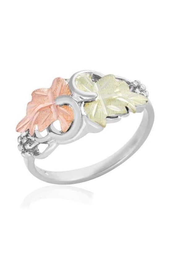MRLLR3037 090 0.21 in. x 0.82 in. SS & Black Hills Gold Band Ring - 12K Green & Rose Gold Leaves - 90