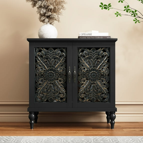 MROJISC 31.5" Tall 2-Door Openwork Carving Accent Cabinet with Solid Wood Legs, Black