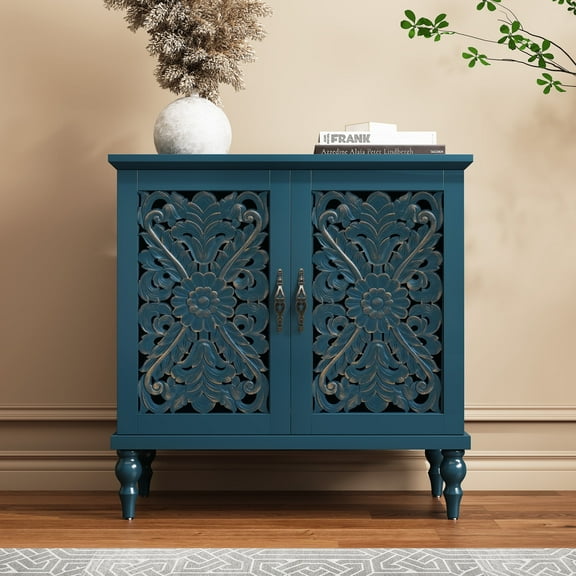 MROJISC 31.5" Tall 2-Door Openwork Carving Accent Cabinet with Solid Wood Legs, Blue