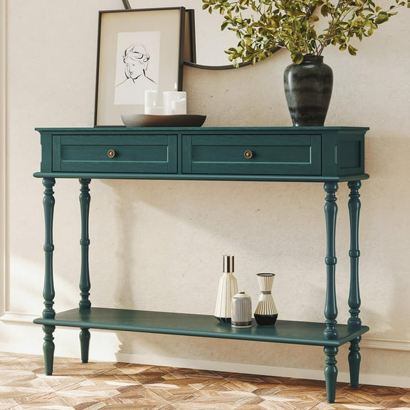MROJISC 40" Console Table with 2 Drawers, Mid-Century Modern Assembled Entryway Table for Living Room, Hallway, Green