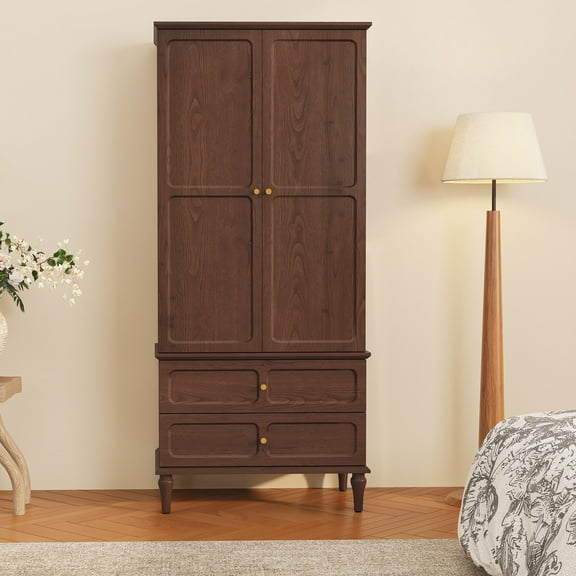 MROJISC 70.86''Mid-century Style Wardrobe with Two Large Drawers and Removable Clothing Rails, Brown