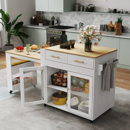 MROJISC 71.6'' Extendable Kitchen Island,Rolling Kitchen Storage Cart  on Wheels with 2 Drawers for Dinning Room,White