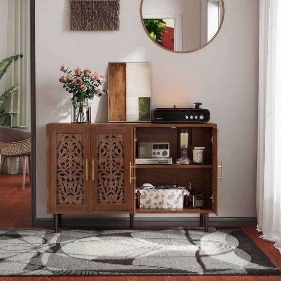 MROJISC Brown Accent Cabinet,47.8'' Hollow Carving Buffet Cabinet with 4 Doors for Entryway,Living Room,Bedroom,Dinning Room