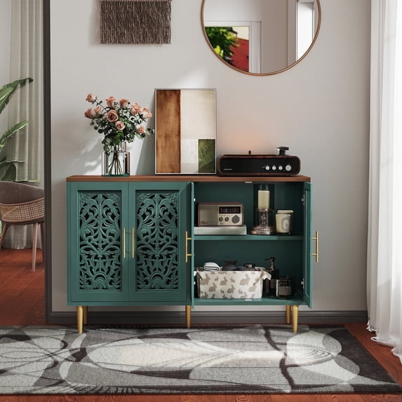 MROJISC Brown Accent Cabinet,47.8'' Hollow Carving Sideboard Buffet Cabinet with 4 Doors for Entryway,Living Room,Bedroom,Dinning Room