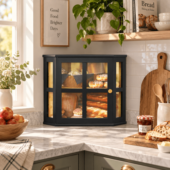 DOJJ Corner Bamboo Bread Box for Kitchen Counter, 2‑Tier Large Capacity Bread Storage Bin with Acrylic Door, Black