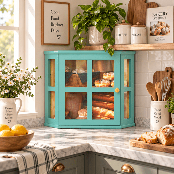 DOJJ Corner Bamboo Bread Box for Kitchen Counter, 2‑Tier Large Capacity Bread Storage Bin with Acrylic Door, Blue
