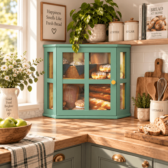DOJJ Corner Bamboo Bread Box for Kitchen Counter, 2‑Tier Large Capacity Bread Storage Bin with Acrylic Door, Green