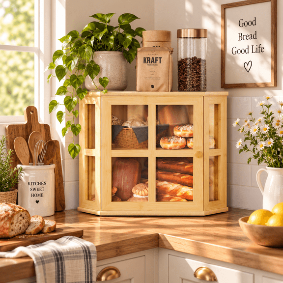DOJJ Corner Bamboo Bread Box for Kitchen Counter, 2‑Tier Large Capacity Bread Storage Bin with Acrylic Door, Wood