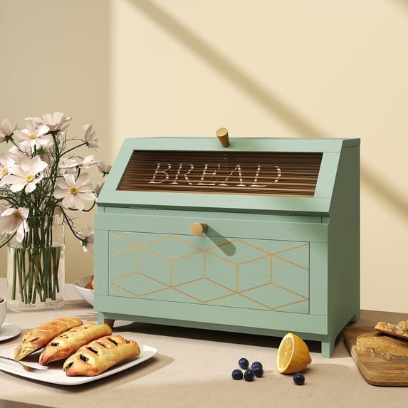 MROJISC Double Layer Bread Box for Kitchen Countertop, Modern Corner Large Bread Storage Bin (Green)