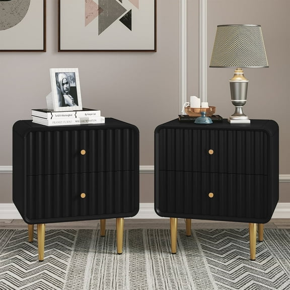 MROJISC Fluted Nightstand Set of 2, Small Sofa Table, Bed Side Table with Storage, Black