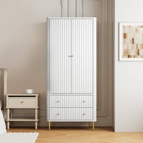 MROJISC Wardrobe Closet, Modern 2-Door Freestanding Wardrobe with Hanging Rod and 2 Drawers, Fluted Carved Clothing Storage Cabinet for Bedroom