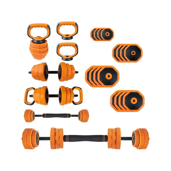 MROOBEST 44LBS 4 In 1 Adjustable Dumbbell Set Convertible to Barbell Kettlebell and Push Up Stands. Space Saving Home Gym Equipment with PVC Coating for Men and Women