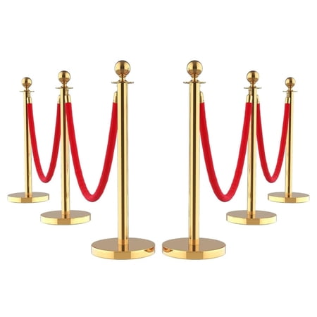 MROOBEST 6-Piece Gold Stanchion Set with Red Velvet Rope for Crowd Control Zinc Alloy Ball Top Sand-Fillable Base Suitable for Theaters Parties and Weddings