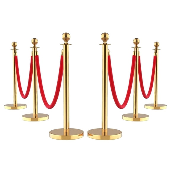 MROOBEST 6-Piece Gold Stanchion Set with Red Velvet Rope for Crowd Control Zinc Alloy Ball Top Sand-Fillable Base Suitable for Theaters Parties and Weddings