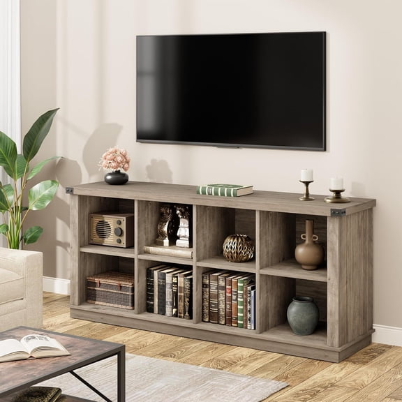 MROOBEST 62in 3-Tier Farmhouse 8-Cube Storage Bookshelf, Horizontal Low Wood Bookcase for Entryway & Living Room
