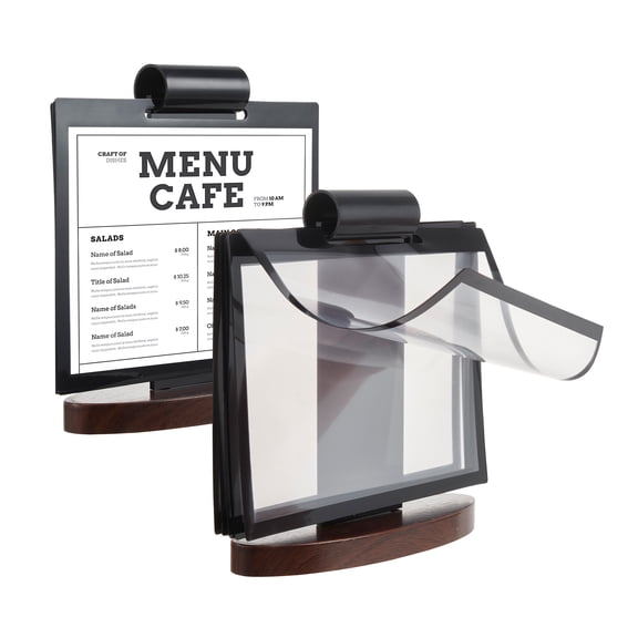 MROOBEST A5 Acrylic Turn Over Menu Sign Holder-Tabletop Easel Stand with Walnut Wood Base 2pcs Black